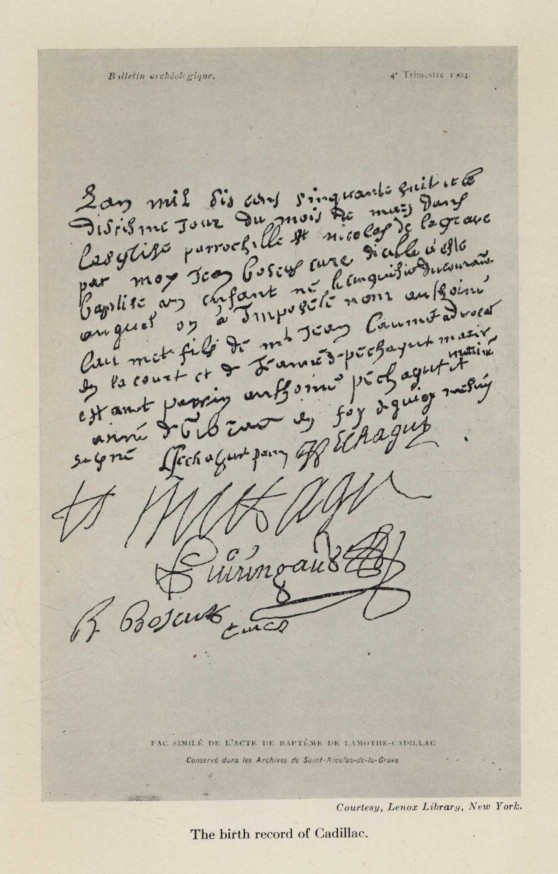 The birth record of Cadillac.